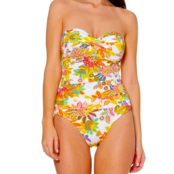 Bleu Rod Beattie Other - BLEU ROD BEATTIE
shirred bandeau swimsuit IN WHITE WITH TROPICAL FLORAL PRINT